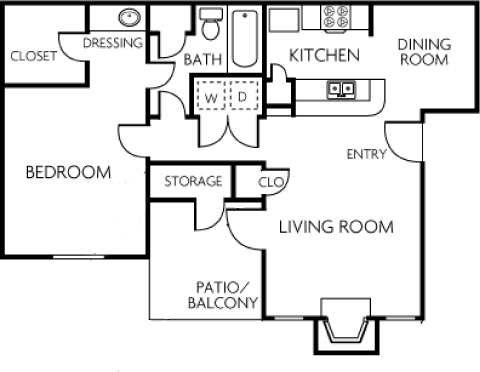 1 bedroom 1 bathroom floorplan at Trinity Apartments, Texas, 75061